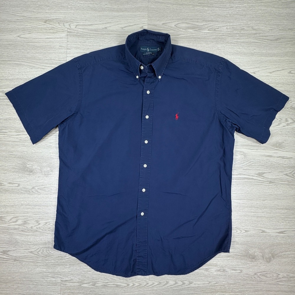 Ralph Lauren Navy Short Sleeve Button-Down with Red Polo Emblem
